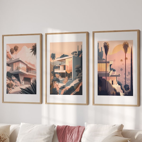 Set van 3 pastel modernistische architectuur prints - Golden Hour in de Hollywood Hills, kunst aan de muur, minimalistisch, digitale print, Instant Download