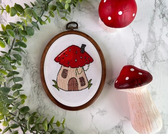 Mushroom House Embroidery w/ Faux Wooden Hoop