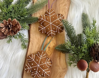 Handmade Felt Embroidered Gingerbread Cookie Snowflake Ornament