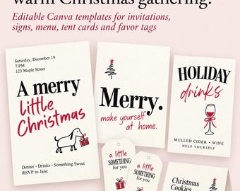 クリスマスパーティーセット：編集可能なCanva招待状、メニュー、ウェルカムサイン、フードラベル、ギフトタグ