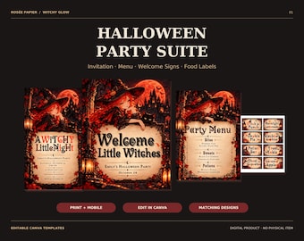 ハロウィンパーティー用Canvaバンドル：編集可能な招待状、メニュー、ウェルカムサイン、フードラベル