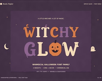 Witchy Glow Halloweenフォントファミリー、不気味なディスプレイ書体、5種類のウェイト、装飾的な代替文字、商用利用可