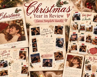 年間振り返りクリスマスカードテンプレート、編集可能なCanva 5x7フォトコラージュ、モバイル振り返り＆ストーリー