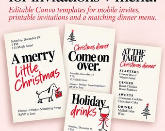 クリスマスディナー招待状セット、編集可能なCanvaモバイル＆印刷可能な招待状とマッチするメニュー