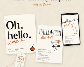 編集可能なハロウィンパーティー招待状セット、Canvaテンプレート、モバイル対応＋印刷用