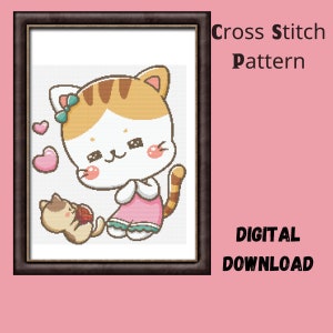Cute Kawaii Cat and Kitten  Cross Stitch Pattern -Digital -  Printable Download-Easy Design