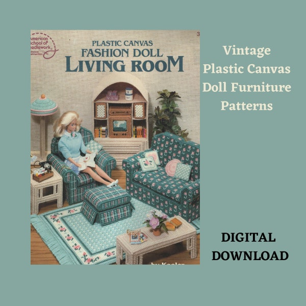 Vintage, Plastic Canvas Fashion Doll Livingroom Set Patterns -  Digital Download