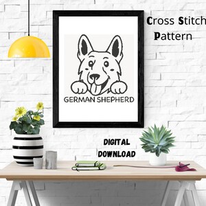 May include: Black and white cross stitch pattern of a German Shepherd dog peeking over a surface with its tongue sticking out. The text "GERMAN SHEPHERD" is below the dog. The text "Cross Stitch Pattern" is in the upper right corner of the image. The text "DIGITAL DOWNLOAD" is below the image.