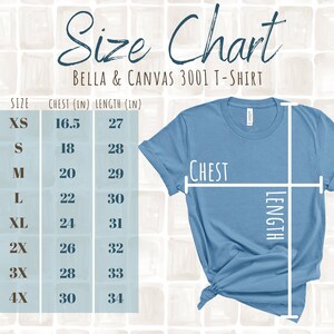 May include: Size chart for Bella + Canvas 3001 T-shirt, showing chest and length measurements in inches for sizes XS to 4X. The chart is on a white tiled background.