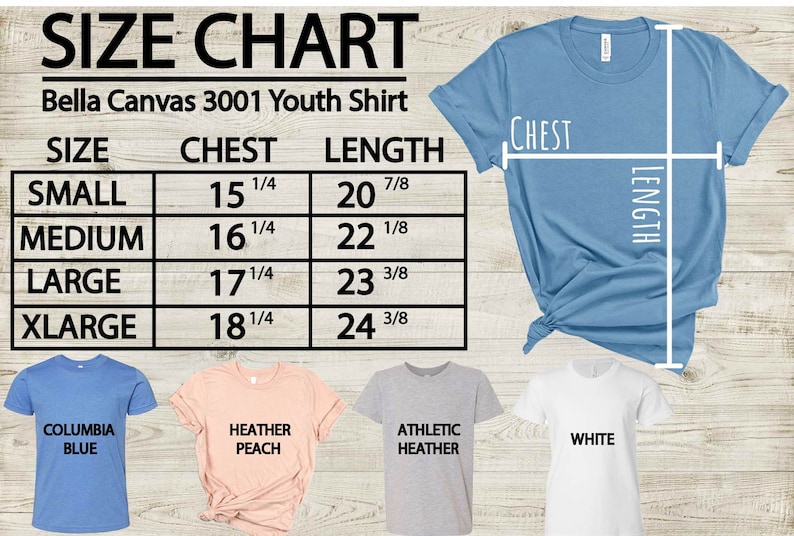 Peut inclure: Tableau des tailles pour les chemises pour jeunes Bella Canvas 3001. Le tableau indique les mesures de la poitrine et de la longueur en pouces pour les tailles small, medium, large et extra large. Le tableau montre &eacute;galement cinq options de couleurs diff&eacute;rentes pour les chemises&nbsp;: Columbia Blue, Heather Peach, Athletic Heather, White et une couleur bleu clair.