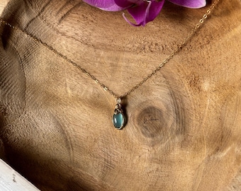 Puede incluir: Un delicado collar dorado con un pequeño colgante ovalado azul-verdoso. El collar descansa sobre una superficie de madera, con una vibrante flor de orquídea púrpura en el fondo. El colgante mide aproximadamente 2 cm de largo.