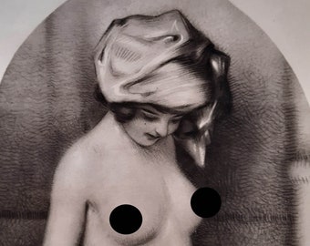 Stor cc. 41 x 19 cm Raphael Kirchner viktoriansk risque erotisk konst La vie parisienne fin konst exotisk målning Antik tysk målning 26