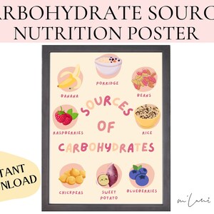 Póster educativo de Fuentes de carbohidratos / Póster para niños / Póster para niños / Póster infográfico / Descarga digital / Descarga instantánea