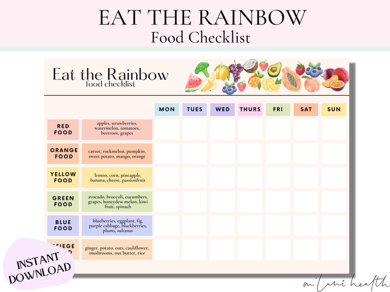 Food Checklist Printable Eat the Rainbow Chart Adult and - Etsy