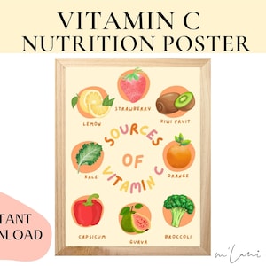 Póster educativo de fuentes de vitamina C / Póster para niños / Póster para niños / Infografía / Descarga digital / Descarga instantánea / Nutrición
