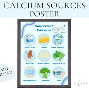Póster educativo de fuentes de calcio / Póster para niños / Póster para niños / Póster de infografía nutricional / Descarga digital / Descarga instantánea