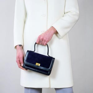 1970s Italian Navy Suede Top Handle Bag | Structured Leather Trim Evening Purse