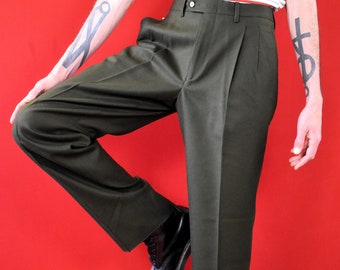 70s Dark green Vintage Wool Pants - Tailored Trousers - 100% Virgin Wool - Elegant Business Pants - Luxurious Elegant Man Pants - Capsule