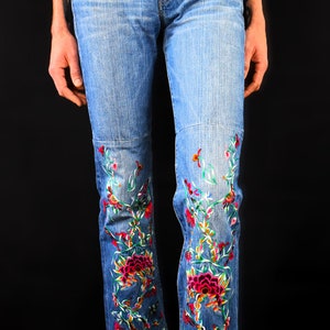 REPLAY Y2K Flared Vintage Jeans 90s Embroidered Denim Pants Floral Design Made in Italy Bohemian Pants 70s Style Pants Retro image 2