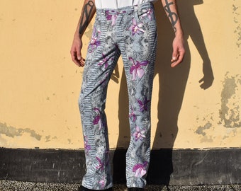 Crazy pattern Y2K Flared Pants - Snakeslin and Floral Pattern Vintage Palazzo Pants