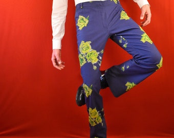 Italian Flared Vintage Pants - 70s Blue Floral Palazzo Trousers - Funky Jeans - 80s 90s Kidcore - Maximalism - Psychedelic Festival Pants