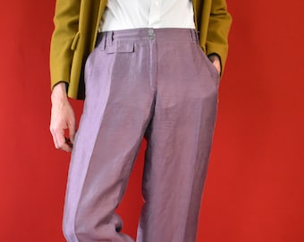 70s 80s Luxurious Italian Linen Vintage Trousers - Made in Italy - Violet Wide Leg Pants - Classic Tailored - Elegant Lightweight Pants