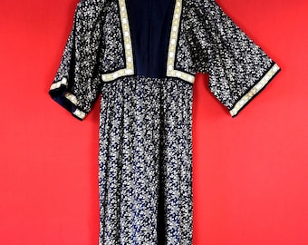 Robe Empire vintage des années 70 : Lucie Linden, coton floral doré allemand