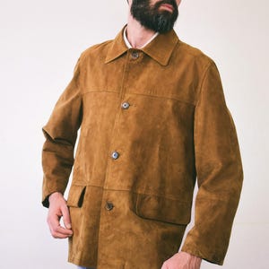 Veste vintage en daim marron caramel : manteau en cuir italien, taille 48