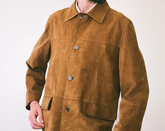 Vintage Caramel Brown Suede Jacket: Italian Leather Coat, Size 48