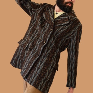 Vintage 70s Wool Herringbone Blazer: Hand-Tailored Double-Breasted Jacket