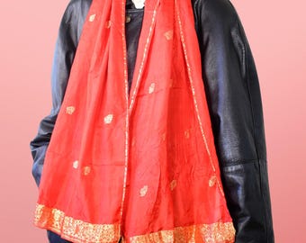 Vintage Indian Silk Shawl: Red & Gold Embroidered Boho Stole