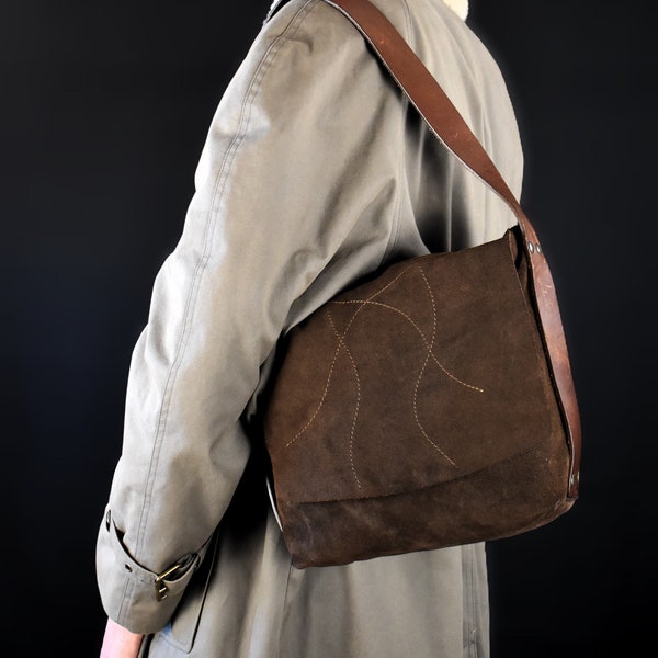 90s Real Leather Artisan Slouchy Handbag - Brown Vintage Purse - 70s Style - Shoulderbag - messengerbag - Hobobag - Handmade - Retro Bag