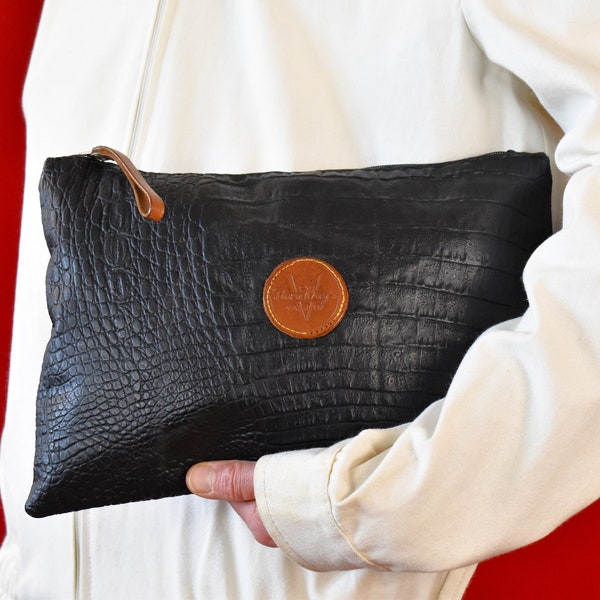 80s Italian Oversized Pochette - Croco optic black leather Business Bag - Vintage Envelope Bag - Handbag - Clutch - Documents Bag