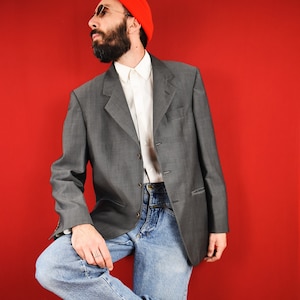 Vintage Italian Mohair Wool Blazer: 90s Grey Tailored Jacket, Size 50