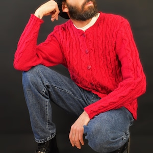Vintage Hand Knit Cable Cardigan: Raspberry Red Aran Sweater