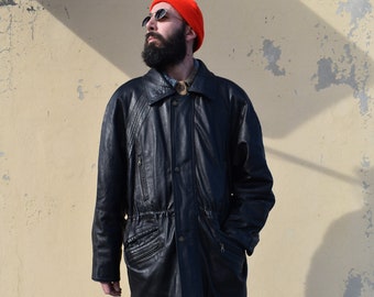 Manteau vintage en cuir véritable des années 80 - Style rocker oversize - Fabriqué en Italie