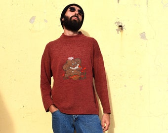 80s Illustrated Pullover - Embroidered Vintage Sweater with Elephant Cartoon - Made in Italy