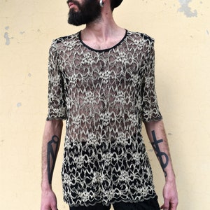 Vintage Sheer Lace Top | 90s Black Gold Mesh Shirt | Gothic Net Blouse with Shoulder Pads | Avant Garde Festival See-Through Tee