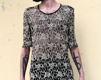 Vintage 90s Gothic Lace Top | Black Gold Mesh, See-Through Tee