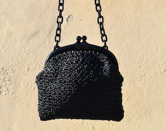 Crochet Vintage 70s Handbag - Handmade in Italy - Dark - Whimsical Goth