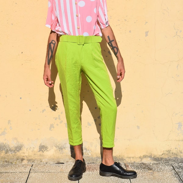 Funky Color Pop Chino Pants - Vintage Y2K Acid Green - Made in Italy - Retro 60s