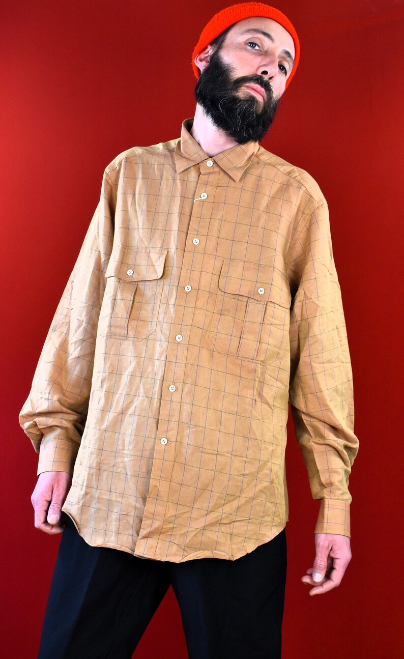 KRIZIA Designer Linen Shirt Brown Checkered Luxurious Made in Italy Linen Cotton Blend Mens Top Shirt Longsleeve Casual Shirt image 4