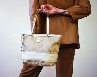Vintage Coach Monogram Tote Bag: Original Y2K Beige Canvas and