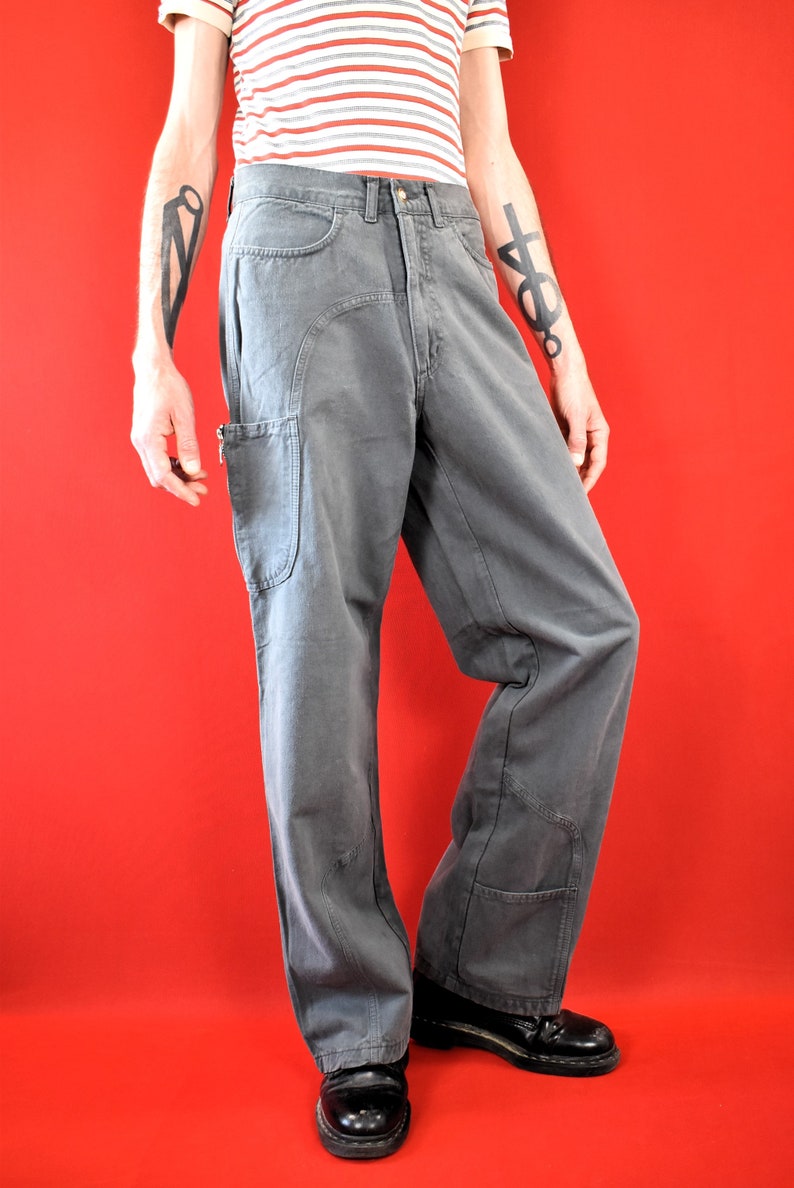 Original 90s Grey Bootcut Pants Cargo Wide Leg Trousers Pants 100% Cotton Made in Italy Baggy Mens 80s Oldschool Pants image 4