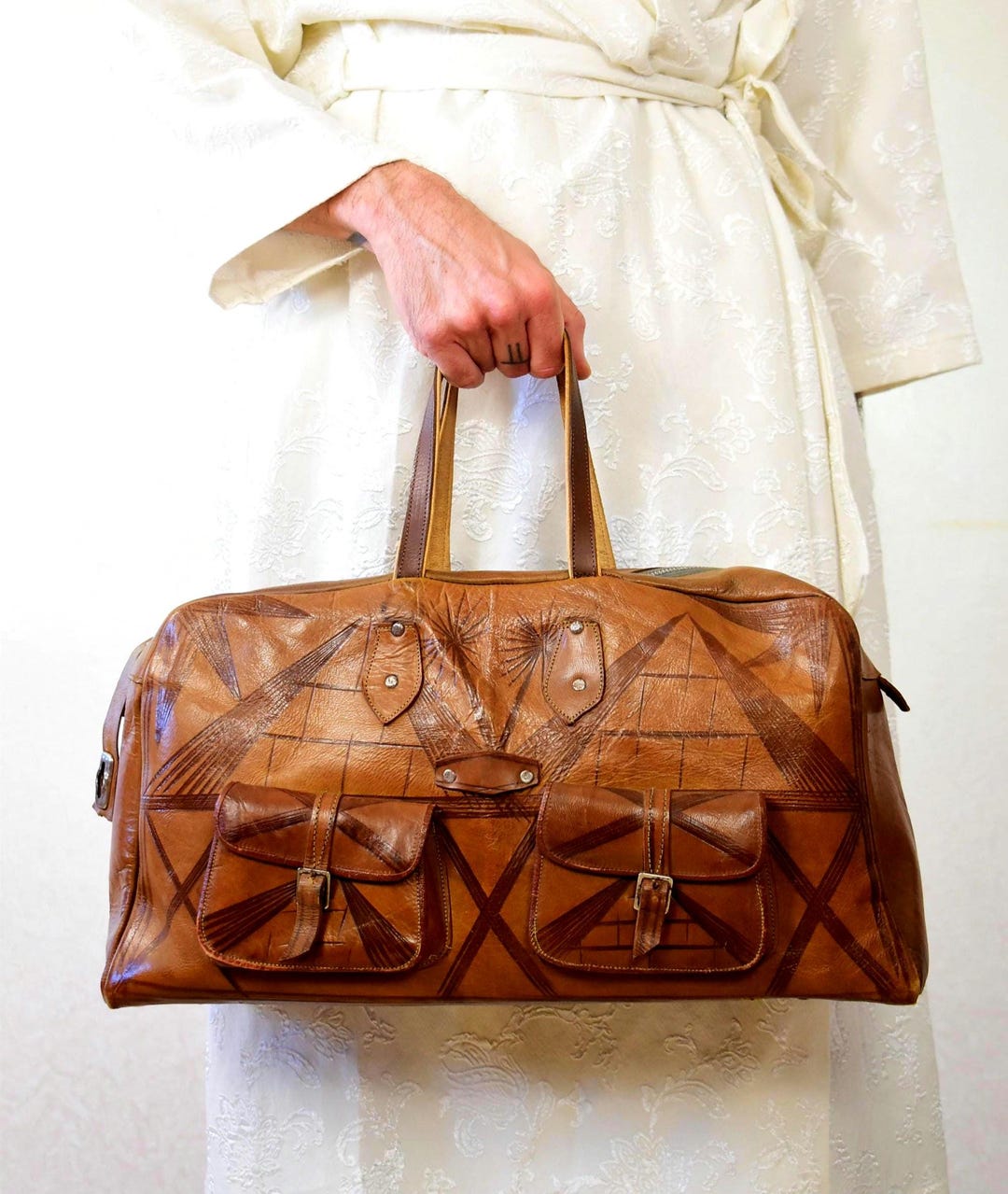 70s Vintage Tooled Leather Weekender Bag: Sculptural Geometric