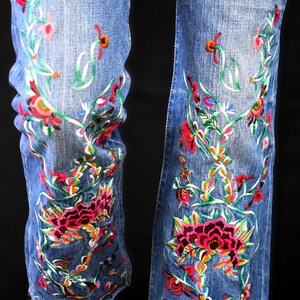 REPLAY Y2K Flared Vintage Jeans 90s Embroidered Denim Pants Floral Design Made in Italy Bohemian Pants 70s Style Pants Retro image 1