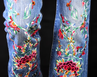 REPLAY Y2K Flared Vintage Jeans - 90s Embroidered Denim Pants - Floral Design - Made in Italy - Bohemian Pants - 70s Style Pants - Retro