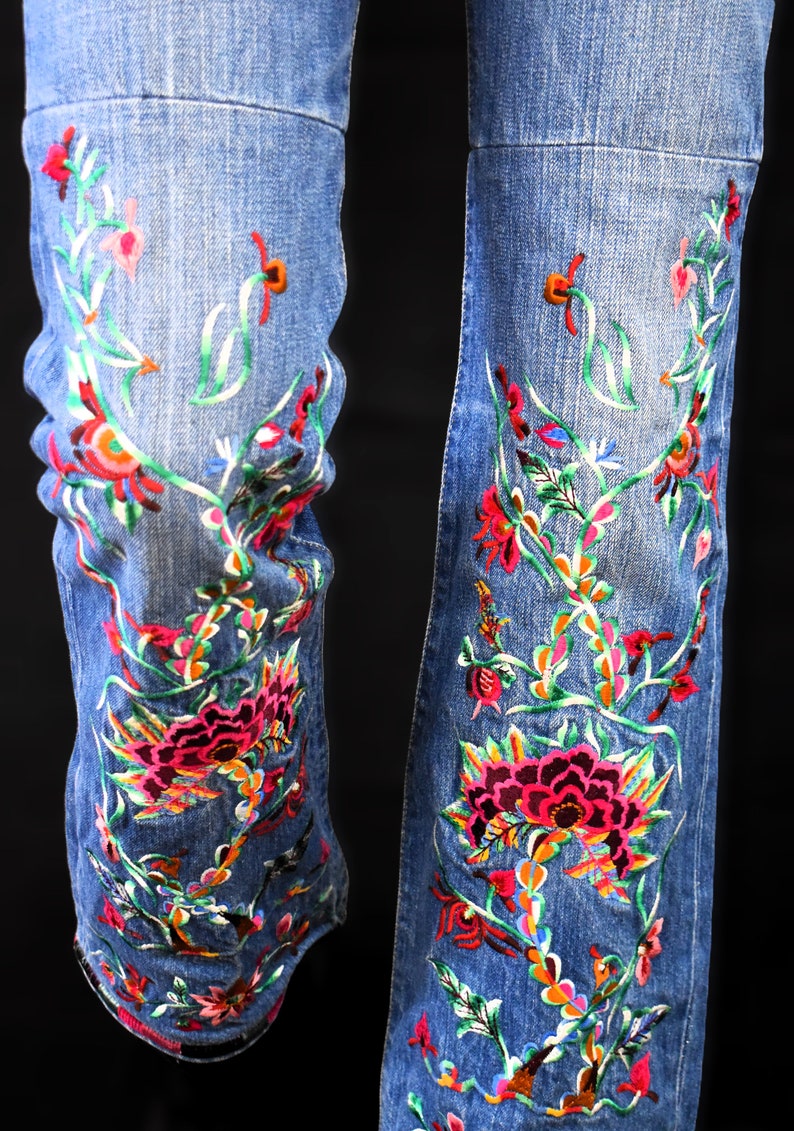 REPLAY Y2K Flared Vintage Jeans 90s Embroidered Denim Pants Floral Design Made in Italy Bohemian Pants 70s Style Pants Retro image 1