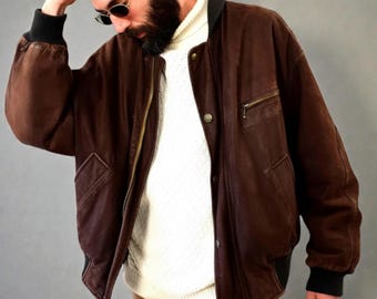 【美品】Valentino ブラウン レザーボンバージャケット 52サイズ Designer Valentino Garavani Suede Bomber Jacket: 80s Limited