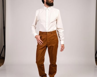 Vintage 70s Italian Cotton Pants: High-Waist Brown Deadstock Jeans, Size 30